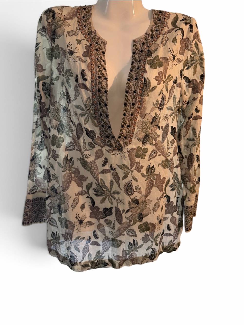 Tory Burch Boho Floral embellished V-Neck Tunic Top - Cream and Olive